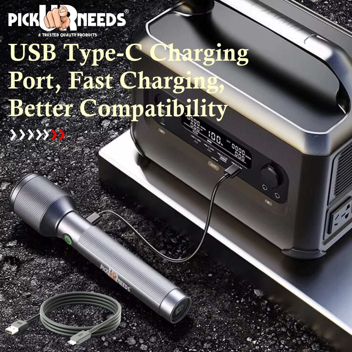 Pick Ur Needs 100W+100W LED Rechargeable Long Range Torch Light with 5 Lighting Modes Flashlight 1500mAh Battery Searchlight for Camping, Outdoor, Hiking, Emergency Use